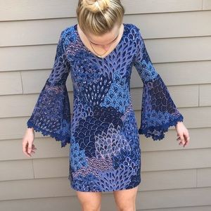 Westport Blue Lace Trim Bell Sleeve Dress